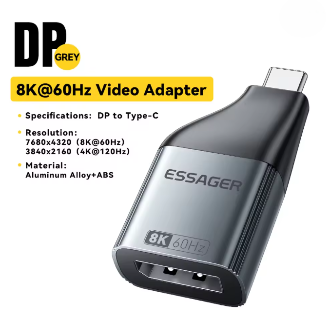 Adaptador USB Tipo C a DisplayPort 8K 60Hz / 4K 120Hz Essager – Ultra HD para MacBook, PC y Celulares | Plug & Play Premium