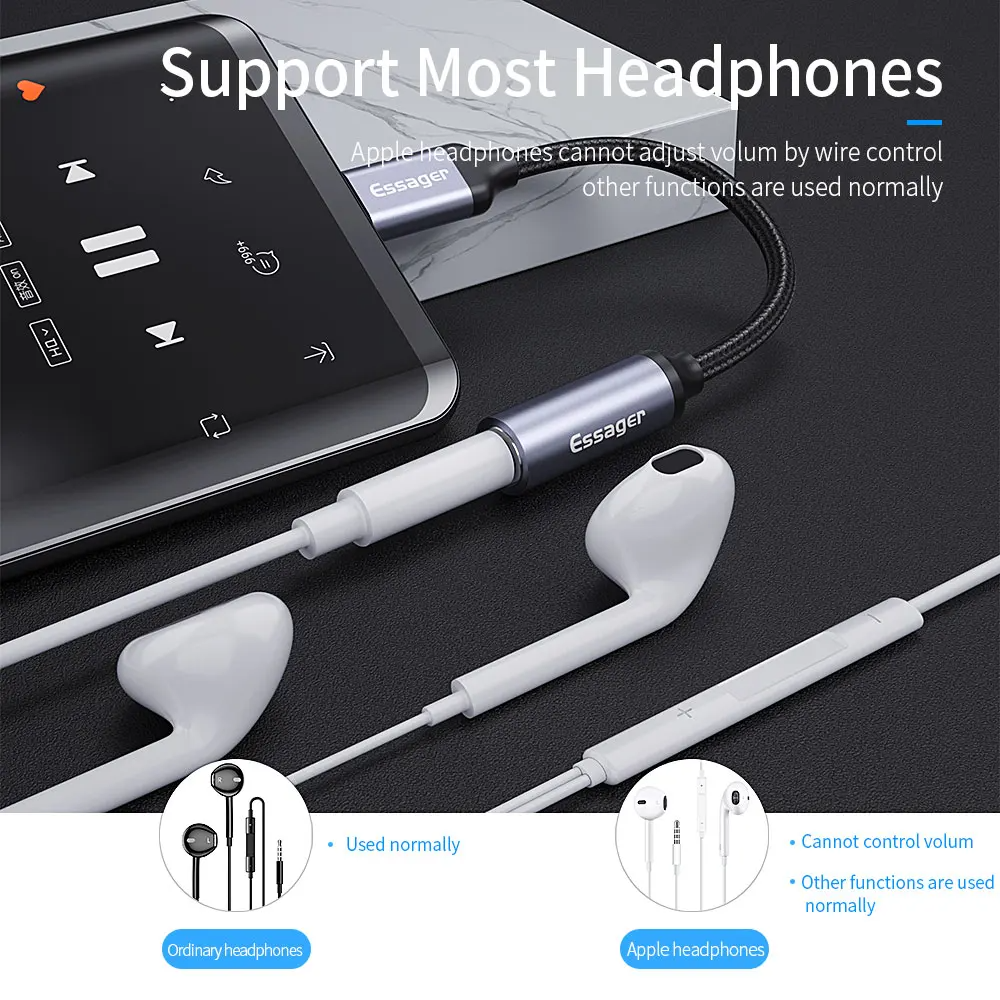 Adaptador Essager USB Tipo C a Jack 3.5mm Auxiliar – Compatible con Xiaomi, Huawei, Samsung, y Más | Sonido Hi-Fi, Diseño Compacto
