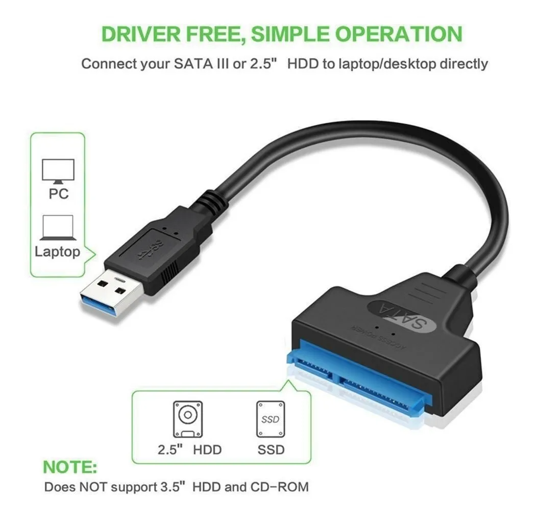 Adaptador Sata a USB 3.0 | Cable 22 Pines para SSD/HDD 2.5" | Transferencia Rápida Plug & Play – 22cm