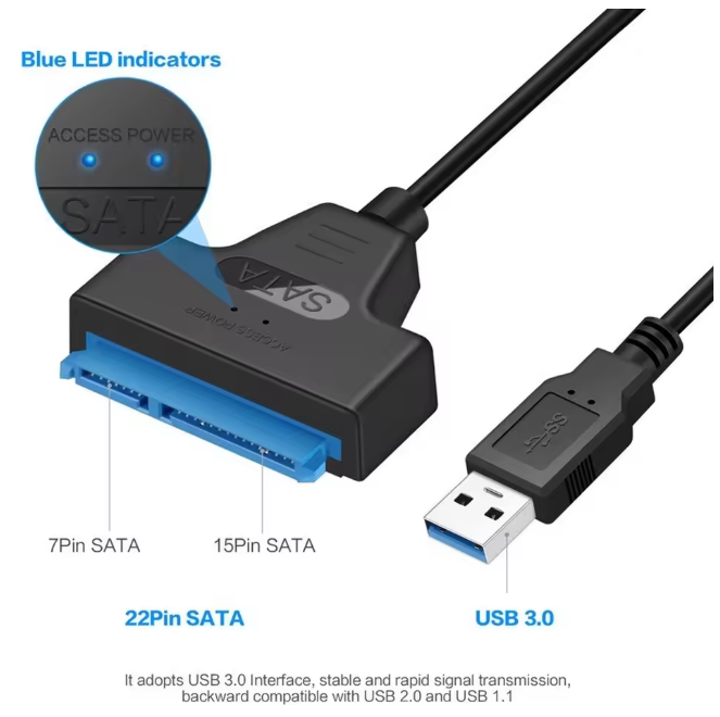 Adaptador Sata a USB 3.0 | Cable 22 Pines para SSD/HDD 2.5" | Transferencia Rápida Plug & Play – 22cm