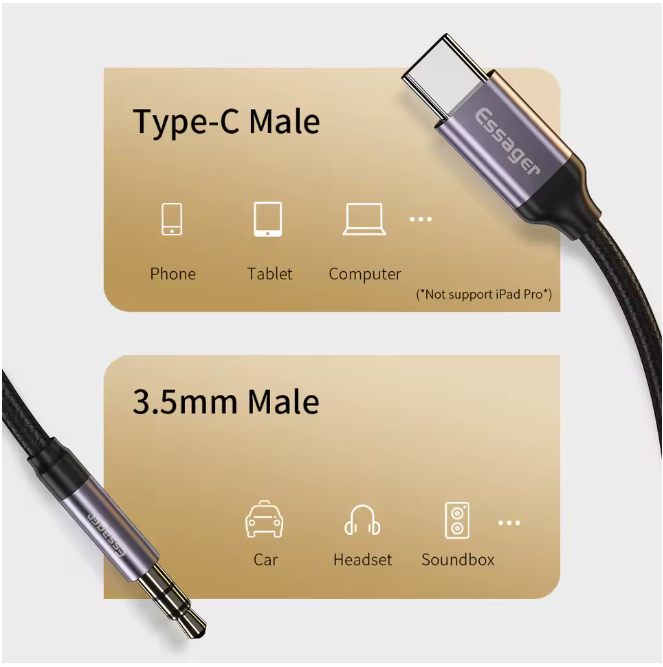 Adaptador Essager USB Tipo C a Jack 3.5mm – Cable AUX de Alta Fidelidad para Auriculares y Parlantes | Compatible con Samsung, Xiaomi, Mi y más