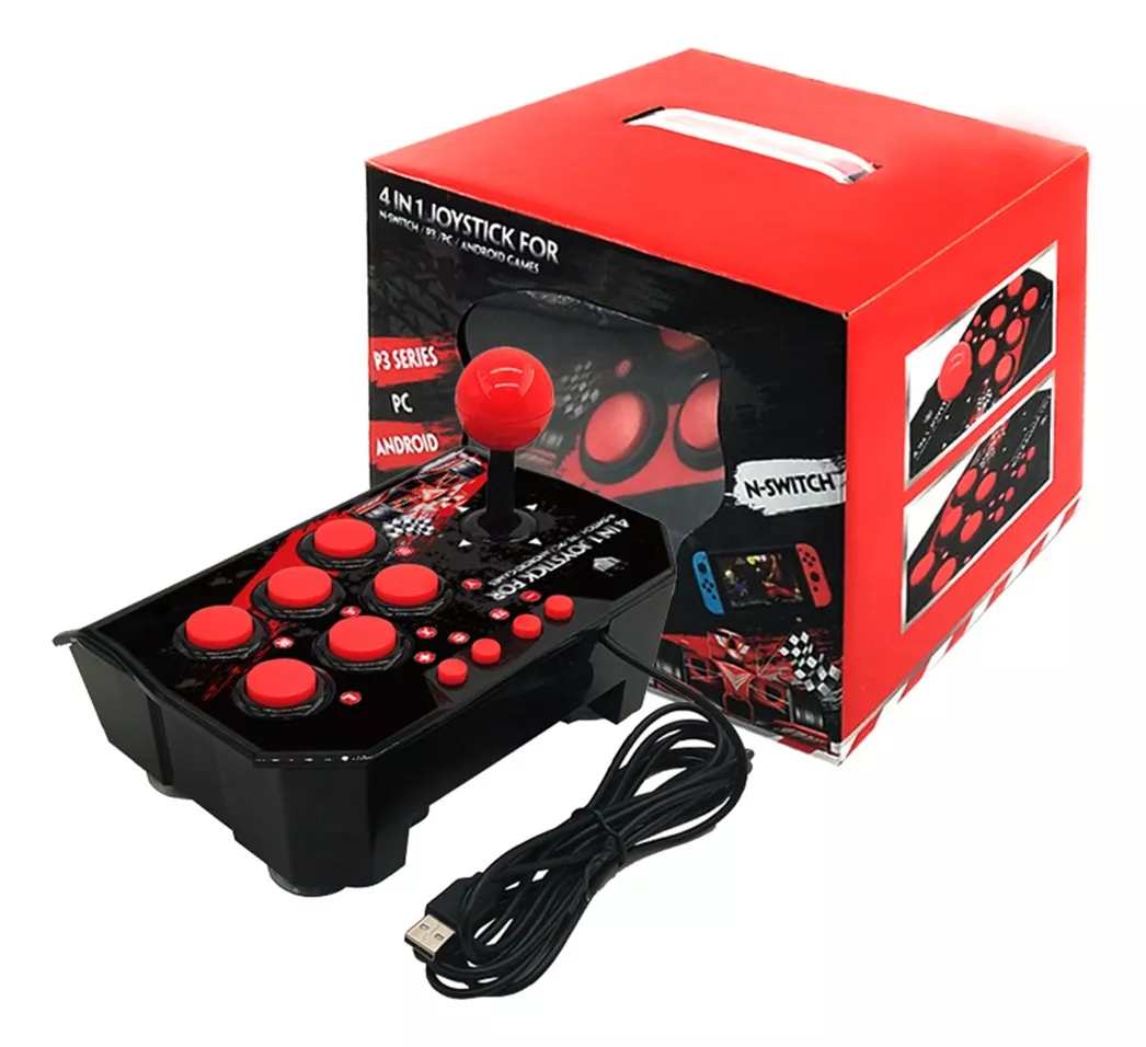 Control Retro Estilo Arcade NS-002 | Cable USB 3 Metros | Plug & Play | Compatible con Nintendo Switch, PC, Android y PS3 | Joystick Clásico