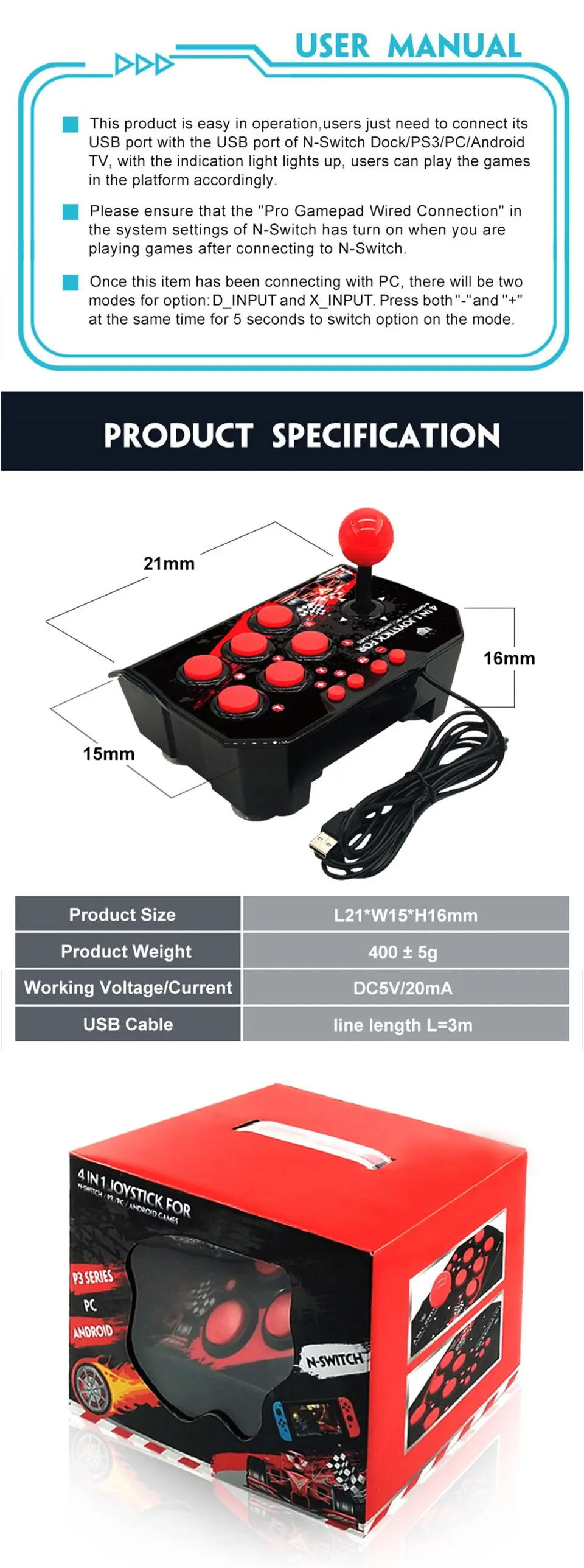 Control Retro Estilo Arcade NS-002 | Cable USB 3 Metros | Plug & Play | Compatible con Nintendo Switch, PC, Android y PS3 | Joystick Clásico