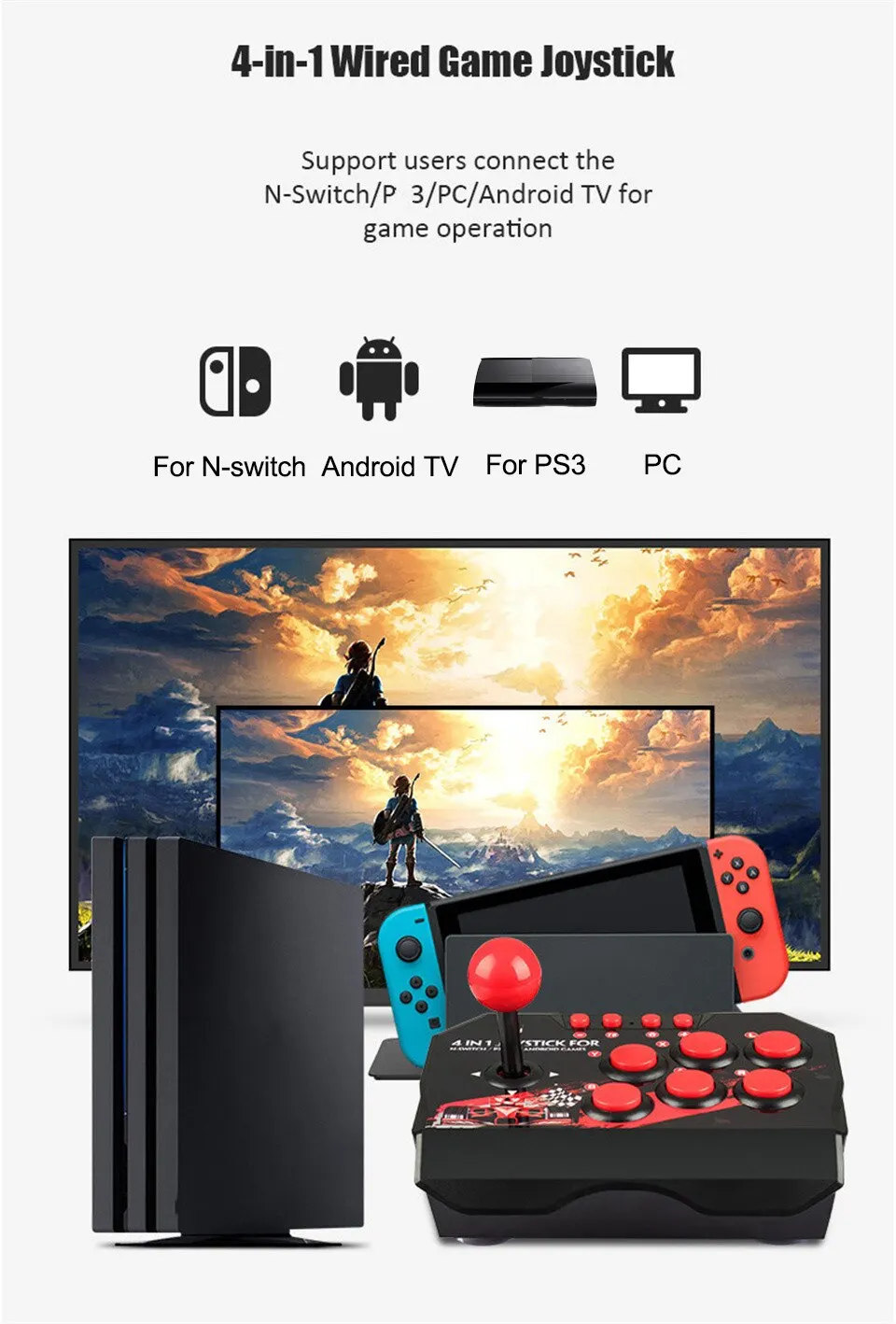 Control Retro Estilo Arcade NS-002 | Cable USB 3 Metros | Plug & Play | Compatible con Nintendo Switch, PC, Android y PS3 | Joystick Clásico
