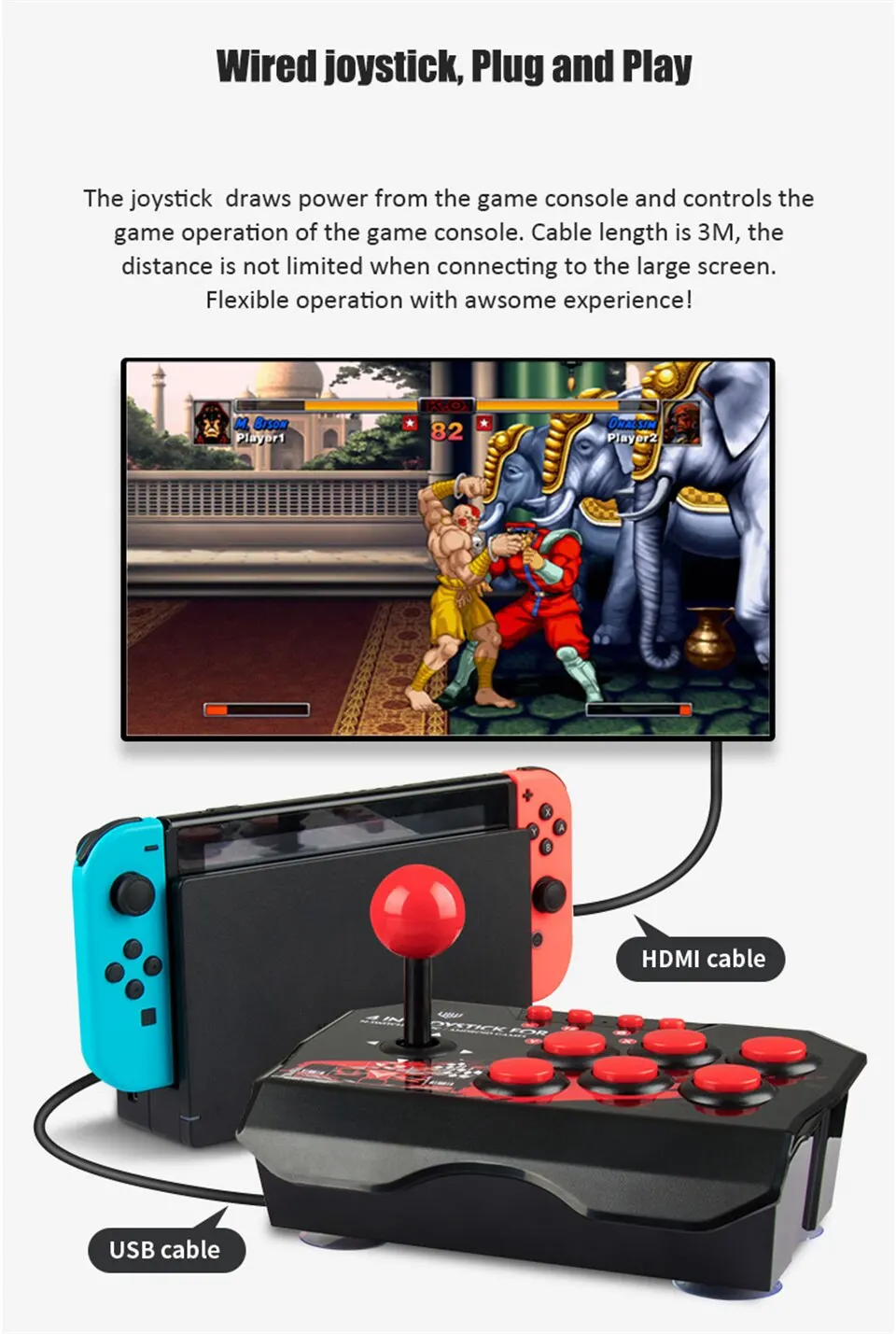 Control Retro Estilo Arcade NS-002 | Cable USB 3 Metros | Plug & Play | Compatible con Nintendo Switch, PC, Android y PS3 | Joystick Clásico