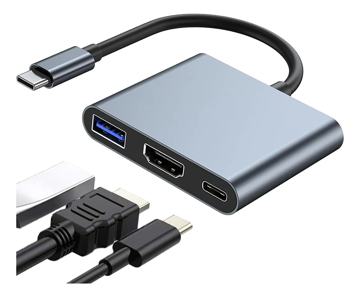 Adaptador 3 en 1 USB-C a HDMI 4K, USB 3.0 y USB-C PD 100W | Compatible con MacBook, Notebook y PC – Color Gris
