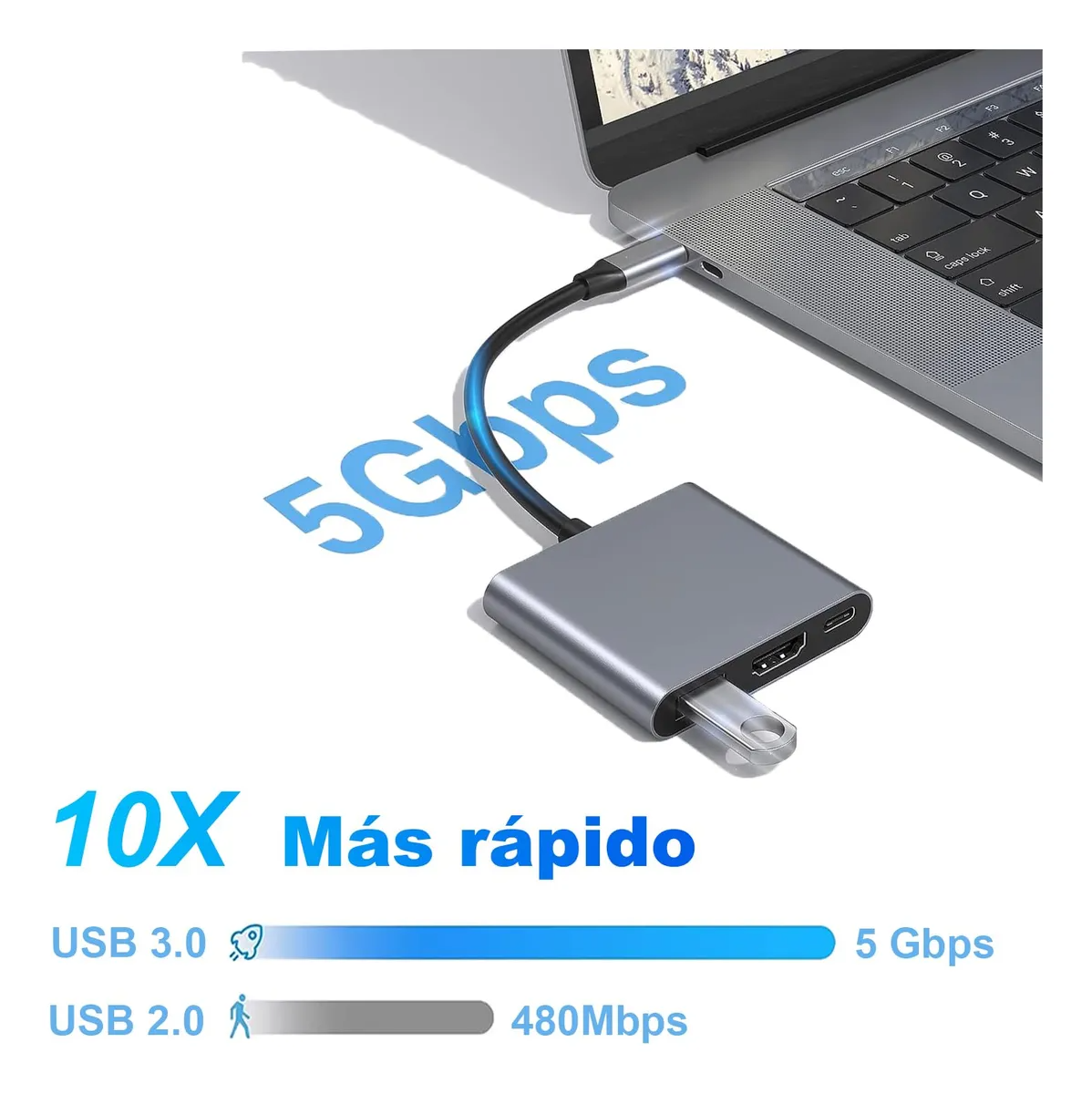 Adaptador 3 en 1 USB-C a HDMI 4K, USB 3.0 y USB-C PD 100W | Compatible con MacBook, Notebook y PC – Color Gris