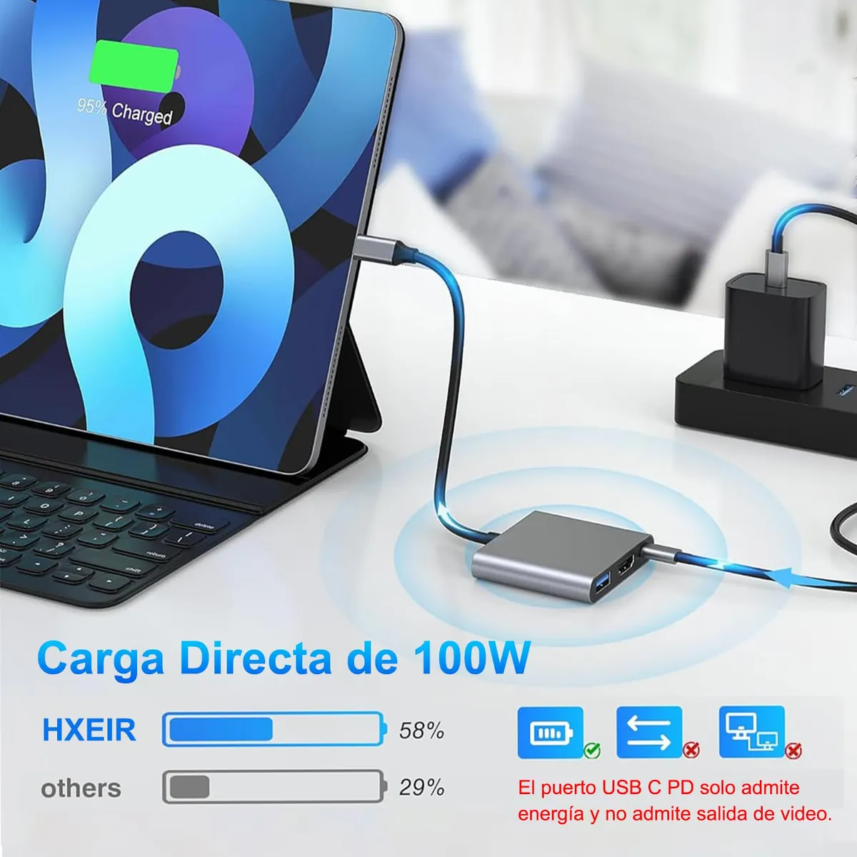 Adaptador 3 en 1 USB-C a HDMI 4K, USB 3.0 y USB-C PD 100W | Compatible con MacBook, Notebook y PC – Color Gris