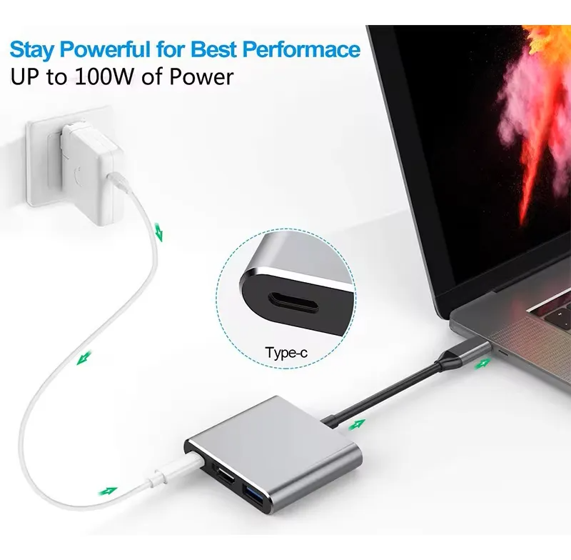 Adaptador 3 en 1 USB-C a HDMI 4K, USB 3.0 y USB-C PD 100W | Compatible con MacBook, Notebook y PC – Color Gris