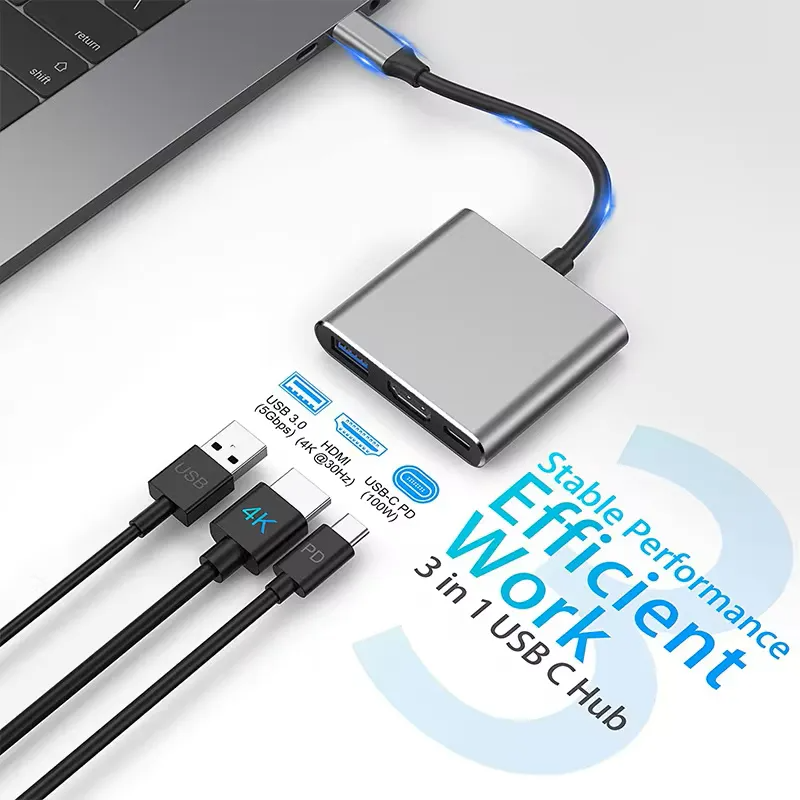 Adaptador 3 en 1 USB-C a HDMI 4K, USB 3.0 y USB-C PD 100W | Compatible con MacBook, Notebook y PC – Color Gris