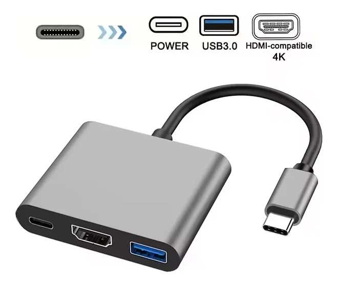 Adaptador 3 en 1 USB-C a HDMI 4K, USB 3.0 y USB-C PD 100W | Compatible con MacBook, Notebook y PC – Color Gris