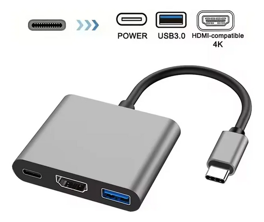 Adaptador 3 en 1 USB-C a HDMI 4K, USB 3.0 y USB-C PD 100W | Compatible con MacBook, Notebook y PC – Color Gris