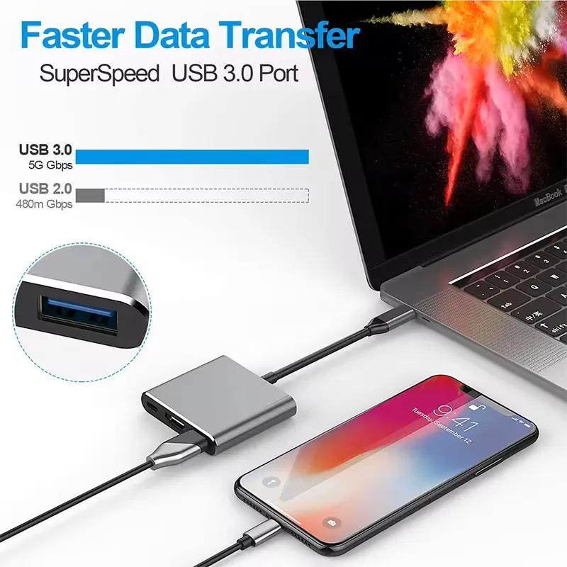 Adaptador 3 en 1 USB-C a HDMI 4K, USB 3.0 y USB-C PD 100W | Compatible con MacBook, Notebook y PC – Color Gris