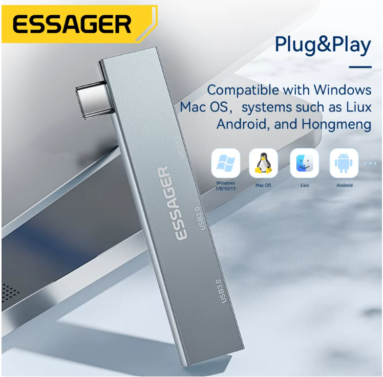 Hub USB-C 3 en 1 Essager – Adaptador Multidivisor Alta Velocidad USB 3.0 para MacBook, Huawei, Xiaomi, OTG