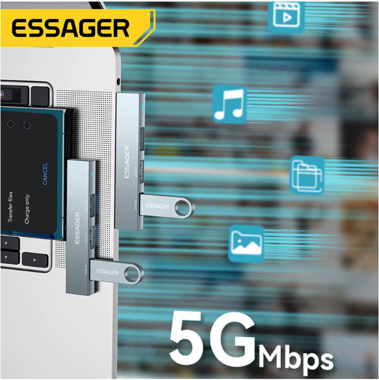 Hub USB-C 3 en 1 Essager – Adaptador Multidivisor Alta Velocidad USB 3.0 para MacBook, Huawei, Xiaomi, OTG