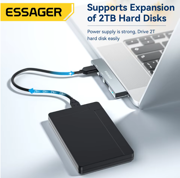 Hub USB-C 3 en 1 Essager – Adaptador Multidivisor Alta Velocidad USB 3.0 para MacBook, Huawei, Xiaomi, OTG