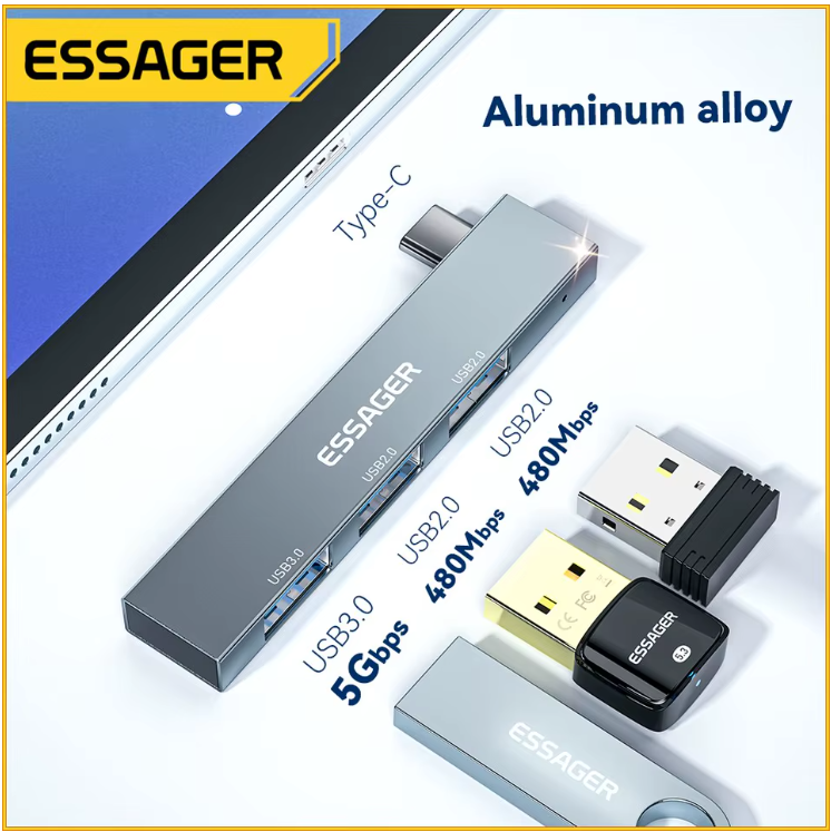 Hub USB-C 3 en 1 Essager – Adaptador Multidivisor Alta Velocidad USB 3.0 para MacBook, Huawei, Xiaomi, OTG