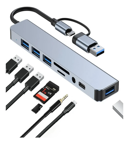 Hub USB-C 8 en 1 Multipuerto con HDMI, USB 3.0, Lector SD/TF, Jack 3.5mm, USB-C PD y más | Adaptador para MacBook, Notebook y PC – Color Gris Metálico