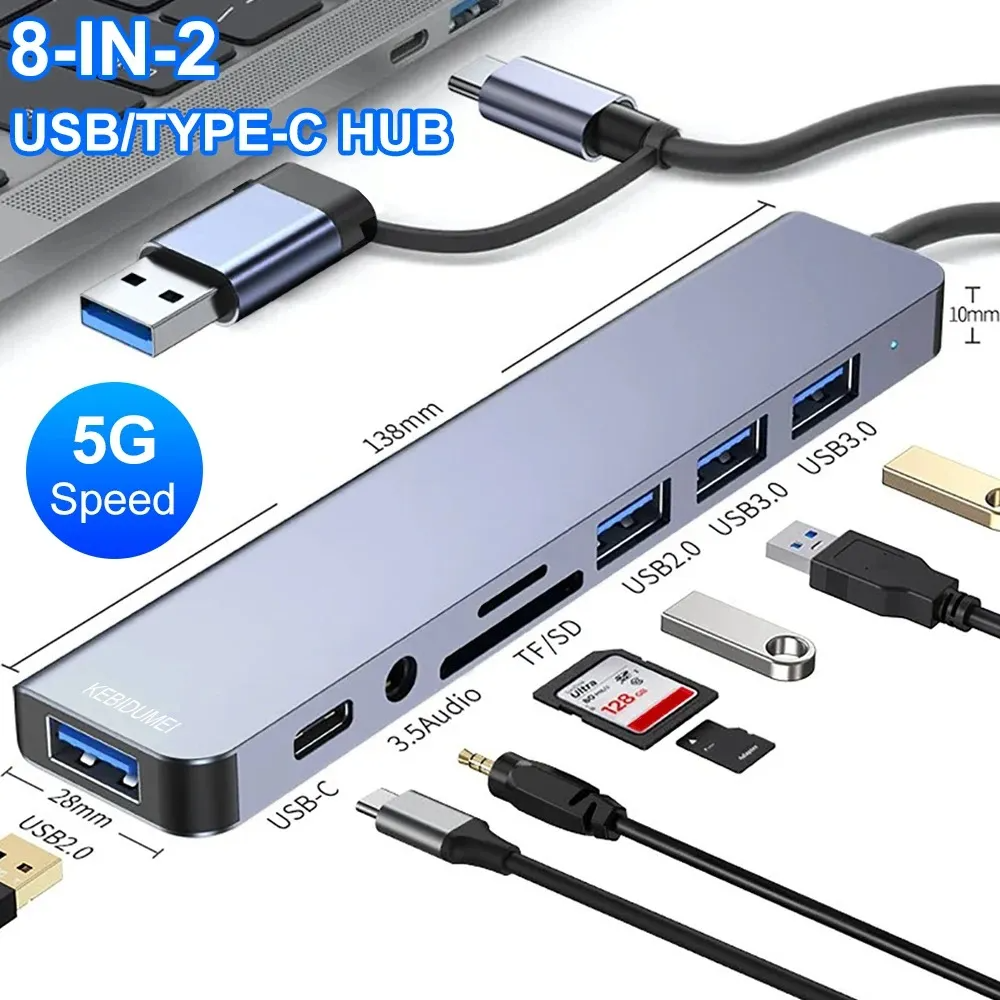 Hub USB-C 8 en 1 Multipuerto con HDMI, USB 3.0, Lector SD/TF, Jack 3.5mm, USB-C PD y más | Adaptador para MacBook, Notebook y PC – Color Gris Metálico