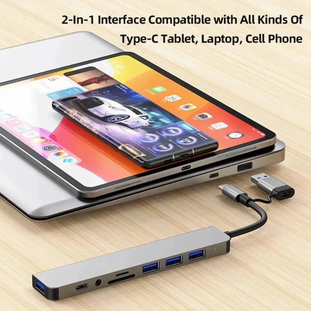 Hub USB-C 8 en 1 Multipuerto con HDMI, USB 3.0, Lector SD/TF, Jack 3.5mm, USB-C PD y más | Adaptador para MacBook, Notebook y PC – Color Gris Metálico