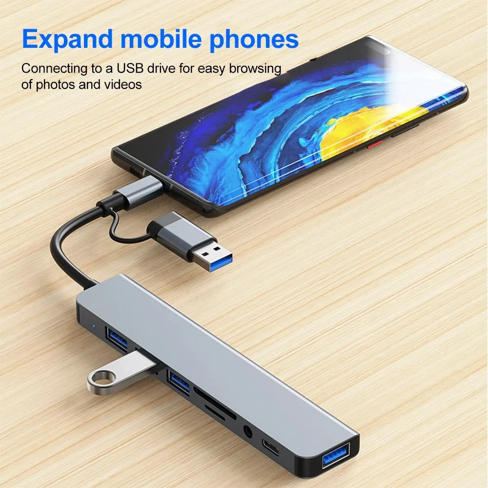 Hub USB-C 8 en 1 Multipuerto con HDMI, USB 3.0, Lector SD/TF, Jack 3.5mm, USB-C PD y más | Adaptador para MacBook, Notebook y PC – Color Gris Metálico
