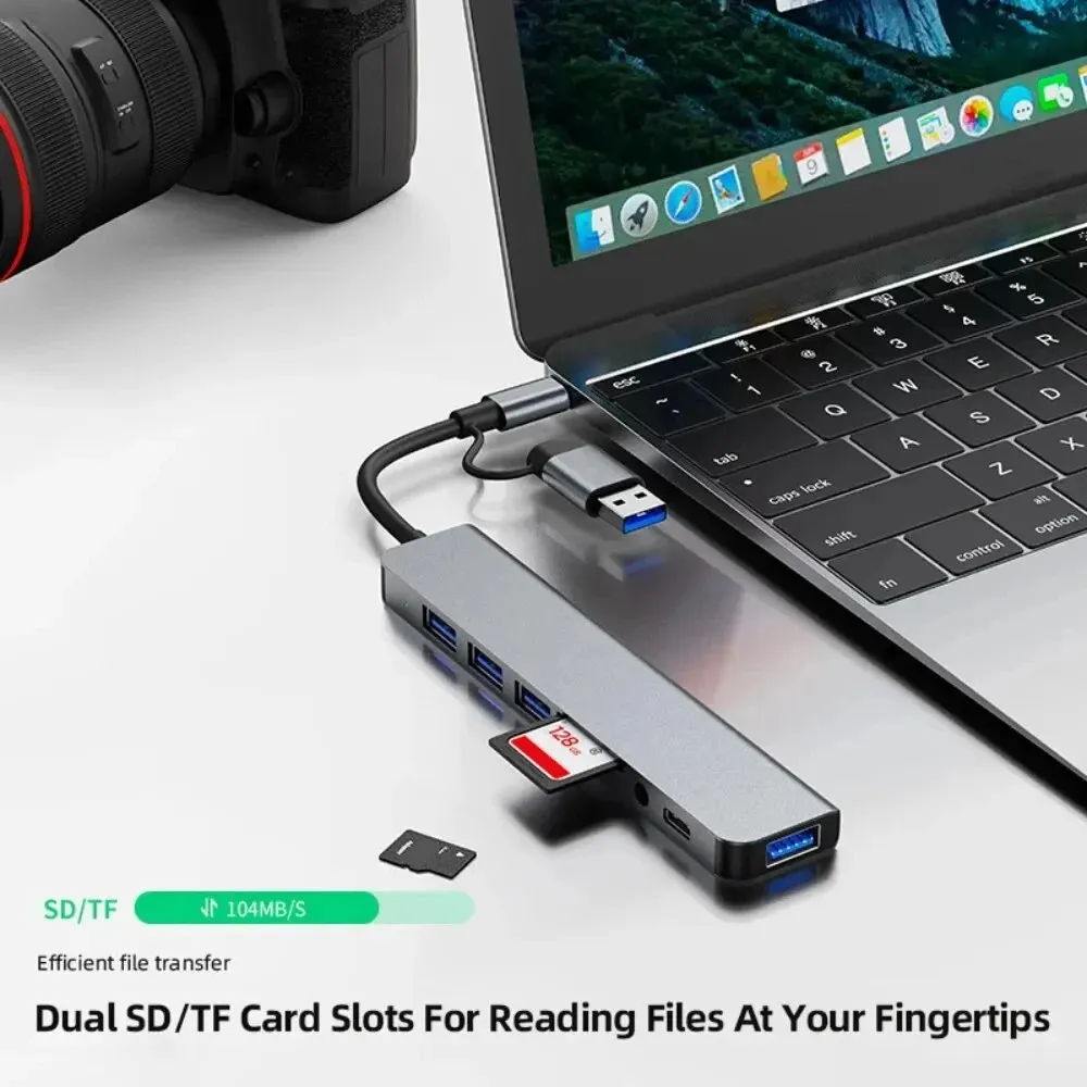 Hub USB-C 8 en 1 Multipuerto con HDMI, USB 3.0, Lector SD/TF, Jack 3.5mm, USB-C PD y más | Adaptador para MacBook, Notebook y PC – Color Gris Metálico
