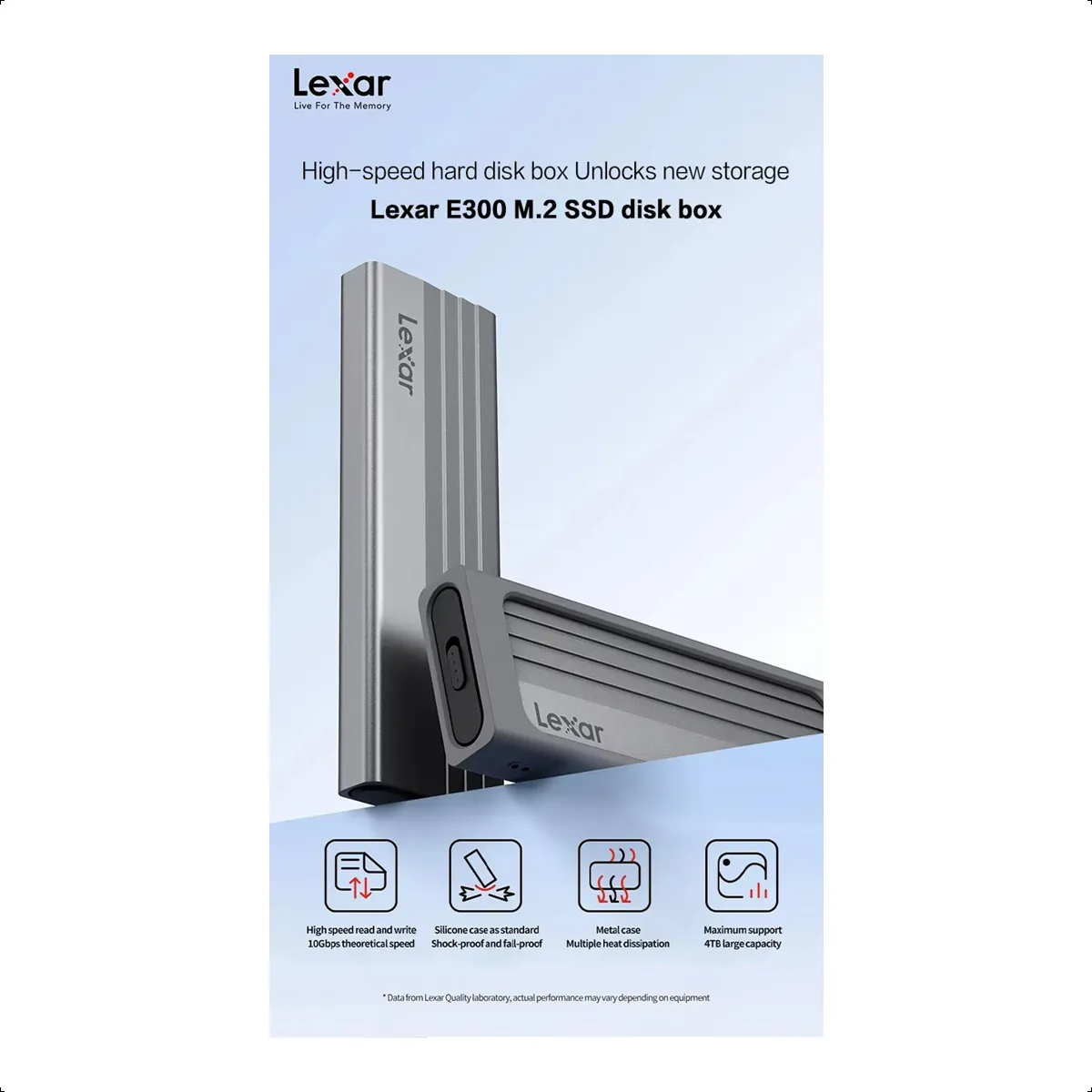 Lexar E300 Caja Externa SSD M.2 NVMe | Tipo-C | 10Gbps | Aluminio | Alta Velocidad