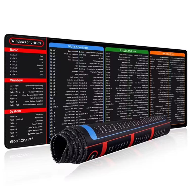 Alfombrilla EXCO 60x30cm – Atajos Windows | Escritorio Gamer y Oficina | Mousepad Grande con Borde Cosido
