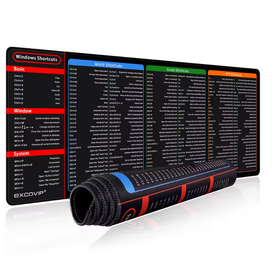 Alfombrilla EXCO 60x30cm – Atajos Windows | Escritorio Gamer y Oficina | Mousepad Grande con Borde Cosido