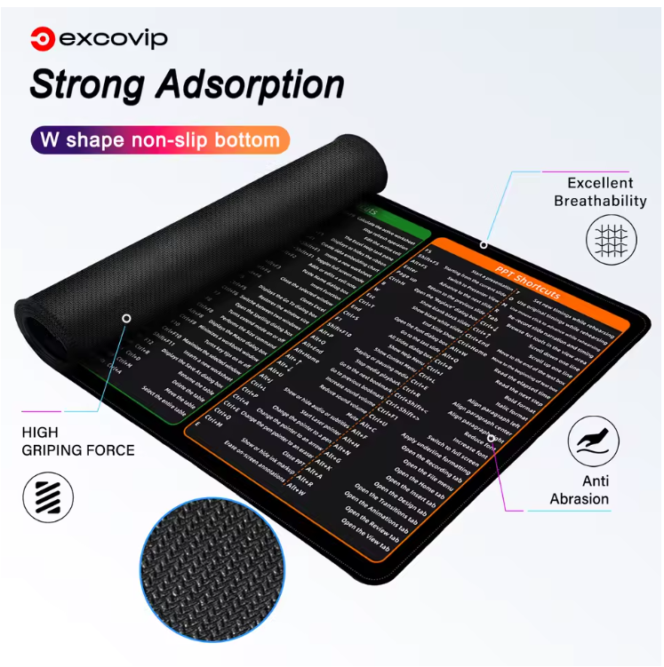 Alfombrilla EXCO 60x30cm – Atajos Windows | Escritorio Gamer y Oficina | Mousepad Grande con Borde Cosido