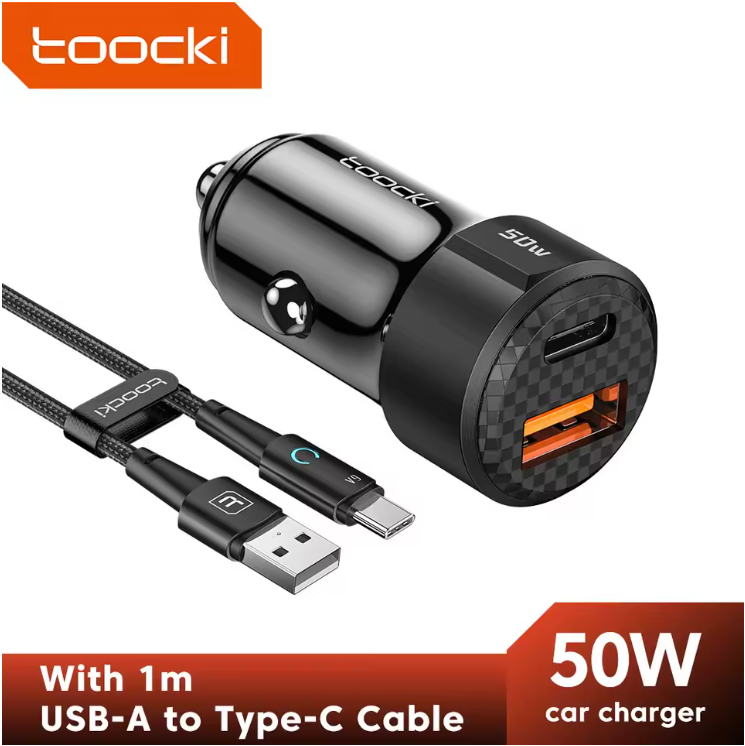 Cargador de Auto Toocki 50W con Carga Rápida + Cable USB A a Tipo C 66W | Ideal para iPhone, Samsung, Xiaomi y más