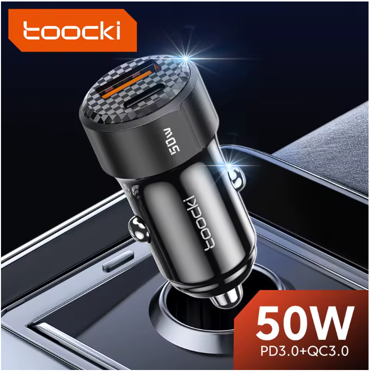 Cargador de Auto Toocki 50W con Carga Rápida + Cable USB A a Tipo C 66W | Ideal para iPhone, Samsung, Xiaomi y más