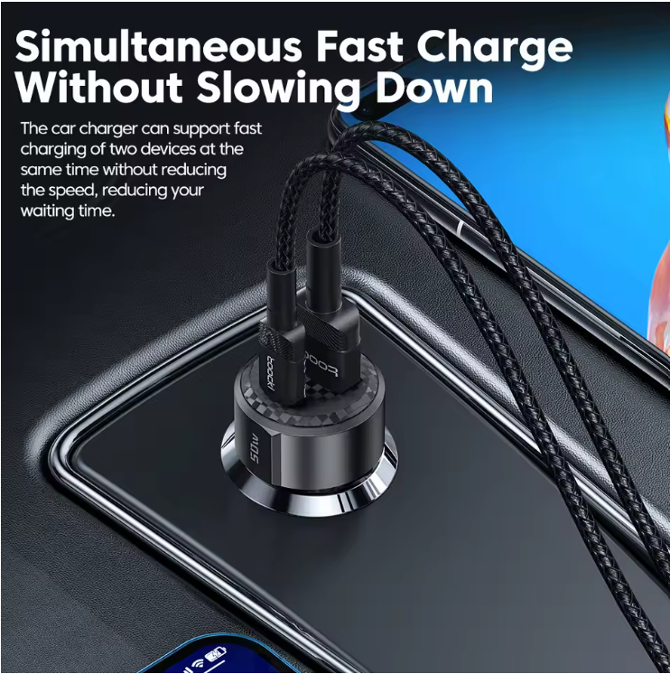 Cargador de Auto Toocki 50W con Carga Rápida + Cable USB A a Tipo C 66W | Ideal para iPhone, Samsung, Xiaomi y más