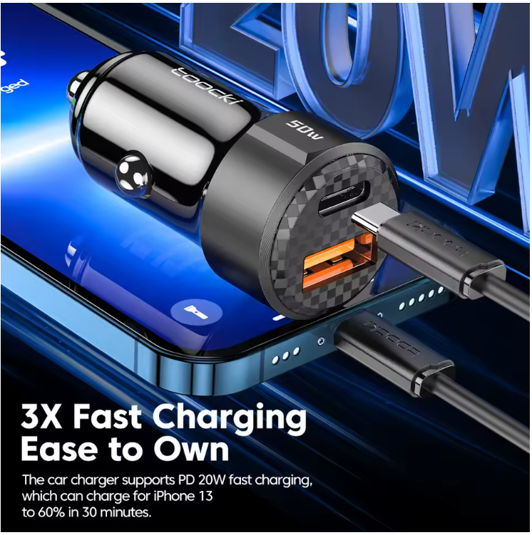Cargador de Auto Toocki 50W con Carga Rápida + Cable USB A a Tipo C 66W | Ideal para iPhone, Samsung, Xiaomi y más