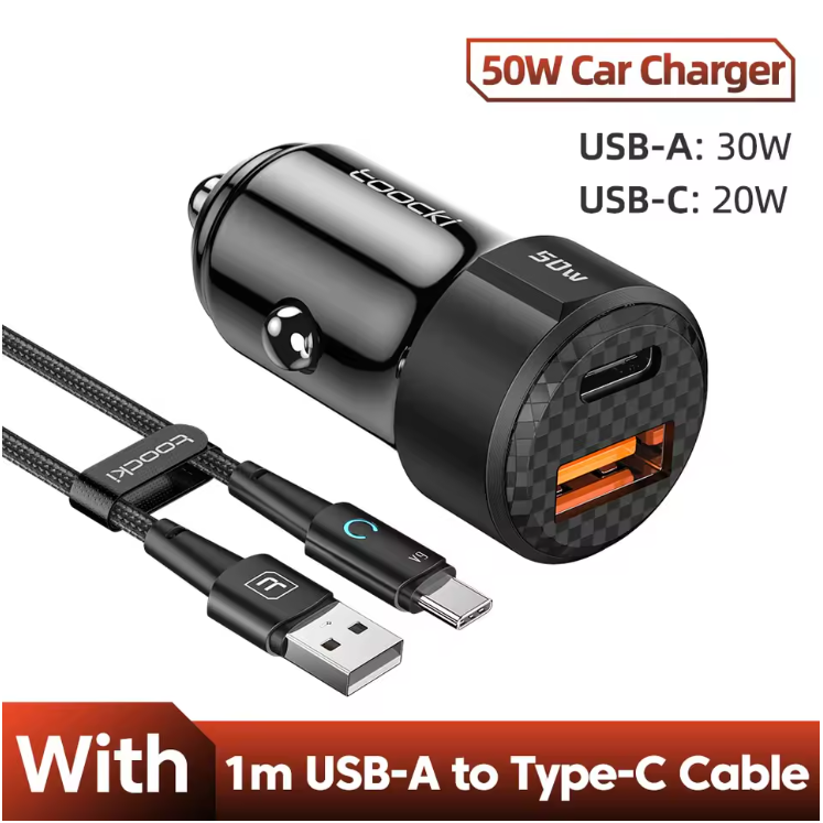 Cargador de Auto Toocki 50W con Carga Rápida + Cable USB A a Tipo C 66W | Ideal para iPhone, Samsung, Xiaomi y más