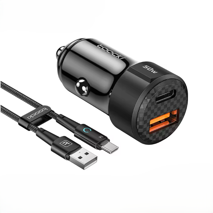 Cargador de Auto Toocki 50W con Carga Rápida + Cable USB A a Tipo C 66W | Ideal para iPhone, Samsung, Xiaomi y más