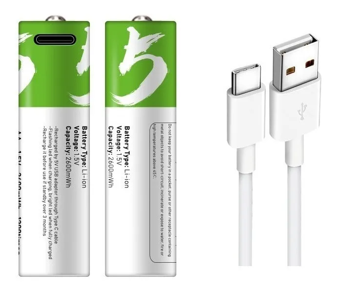 Pack 2 Pilas AA Recargables USB Tipo-C | 1.5V | 2600 mWh | Carga Rápida | +1000 Ciclos | Incluye Cable