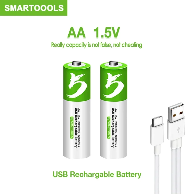 Pack 2 Pilas AA Recargables USB Tipo-C | 1.5V | 2600 mWh | Carga Rápida | +1000 Ciclos | Incluye Cable