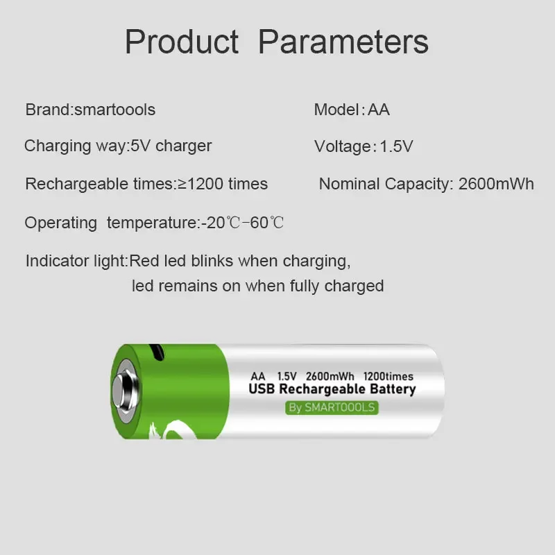 Pack 2 Pilas AA Recargables USB Tipo-C | 1.5V | 2600 mWh | Carga Rápida | +1000 Ciclos | Incluye Cable