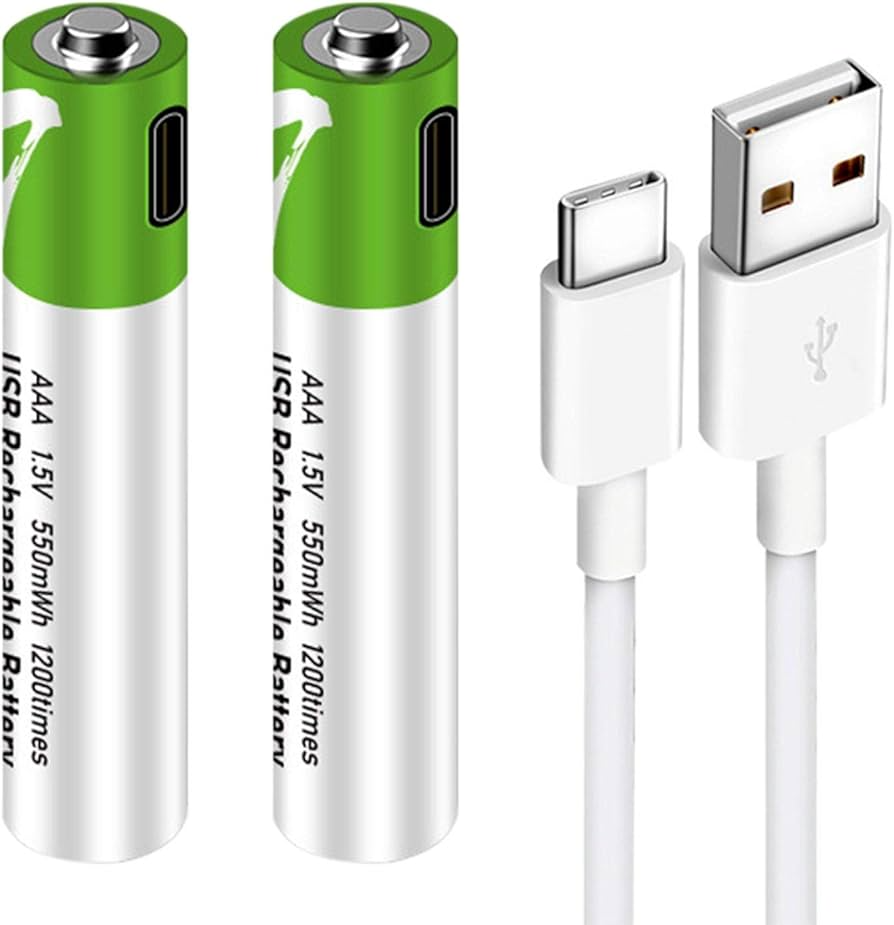 Pack 2 Pilas AAA Recargables USB Tipo-C | 1.5V | 750 mWh | Carga Rápida | +1000 Ciclos | Incluye Cable