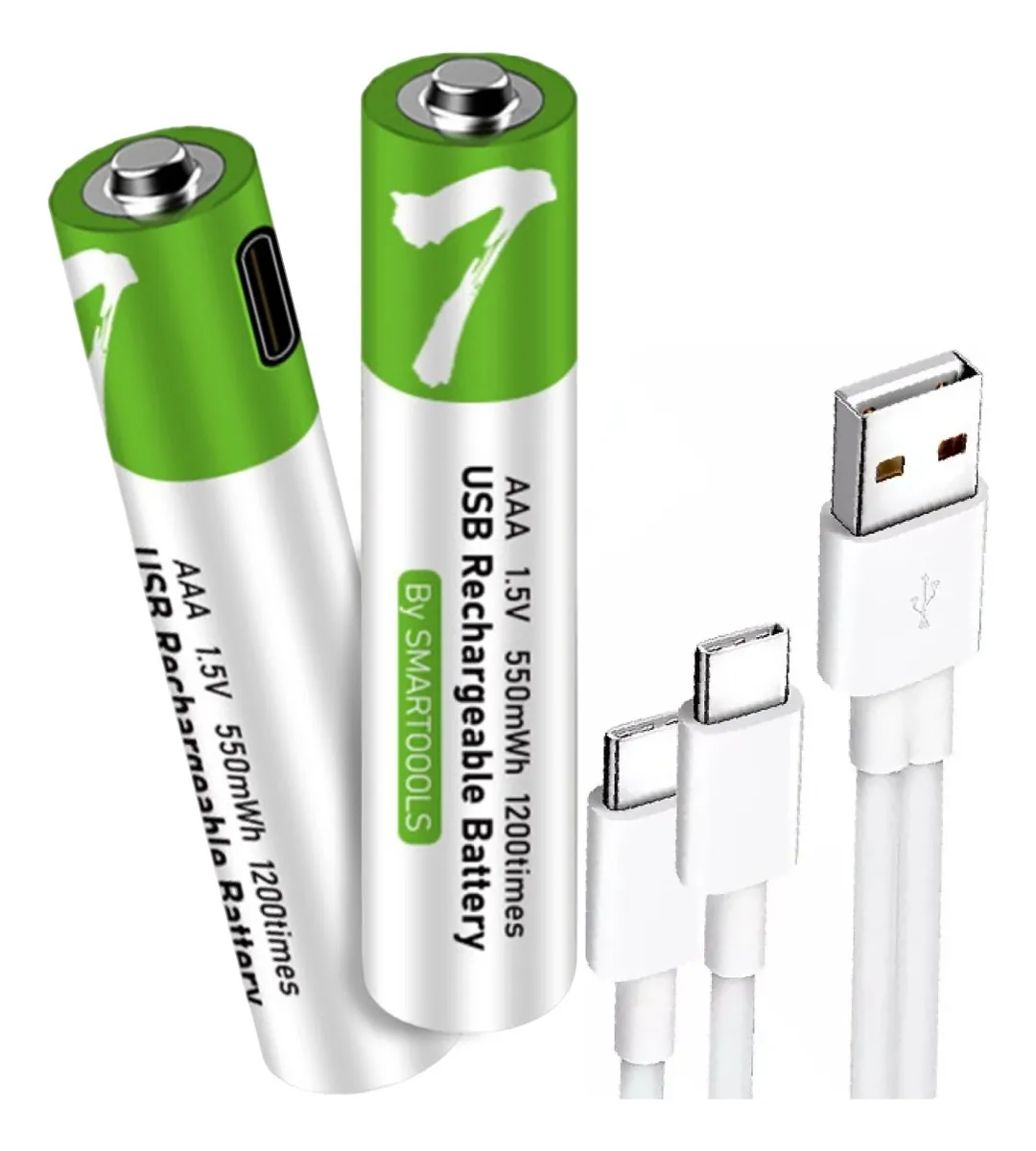 Pack 2 Pilas AAA Recargables USB Tipo-C | 1.5V | 750 mWh | Carga Rápida | +1000 Ciclos | Incluye Cable
