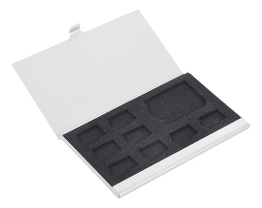Estuche Metálico para Tarjetas MicroSD y SD – Aluminio Ultra Delgado, 9 Ranuras, Protección Antiestática, Color Plata