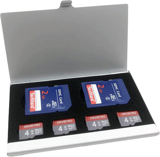 Estuche Aluminio para Tarjetas MicroSD y SD – 6 Ranuras (4 Micro + 2 SD), Compacto y Antiestático, Color Plateado