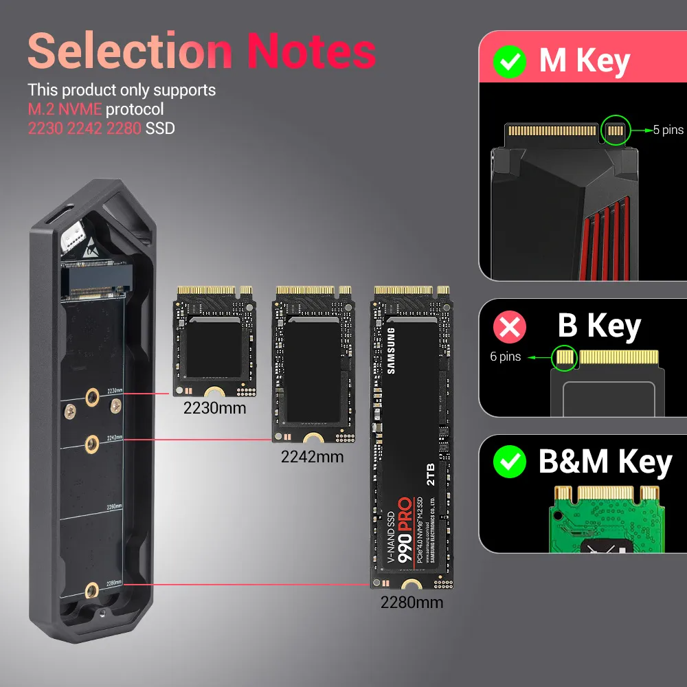 Caja Externa UnionSine M.2 SSD NVMe | USB 3.2 10Gbps | UASP | Para SSD M Key | Ultra Rápida y Compacta